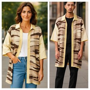 Silversilk Luxe Cream & Brown Linen Blend Knit Button-Up Cardigan Unisex L- XL